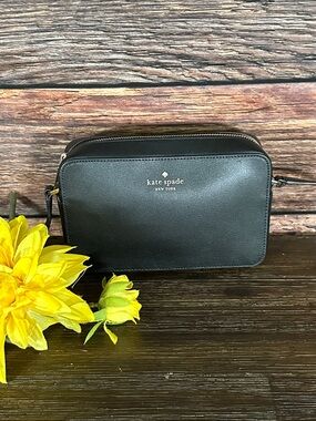 kate spade black leather crossbody bag with gold logo